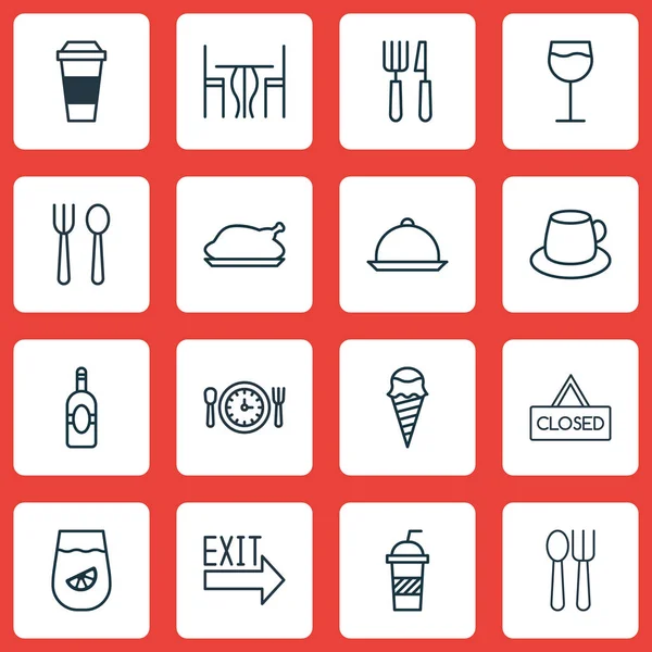Conjunto de 16 ícones de refeição. Inclui Hooch, Talheres, Portão e outros símbolos. Elementos de design bonito . — Vetor de Stock