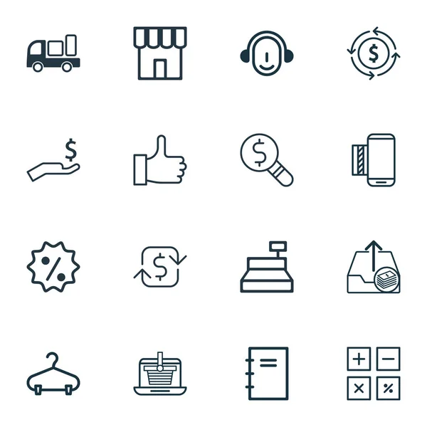 Conjunto de 16 iconos de comercio. Incluye herramienta de cálculo, signo de descuento, comercio electrónico y otros símbolos. Hermosos elementos de diseño . — Vector de stock