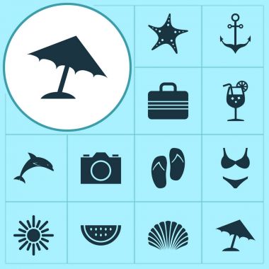 Sıcak Icons Set. Kavun, güneşli topluluğu, memeli ve diğer öğeleri. Ayrıca deniz kabuğu, şemsiye, kamera gibi simgeler içerir.