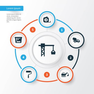 İnşaat Icons Set. Ölçü aracı, kazıcı, rulo ve diğer öğeleri koleksiyonu. Ayrıca kule, Mikser, Can gibi simgeler içerir.