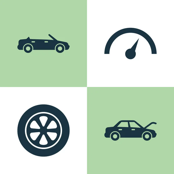 Bil ikoner Set. Samling av fastställande, hjul, kronometer och andra element. Innehåller också symboler såsom hjul, kronometer, hastighetsmätare. — Stock vektor