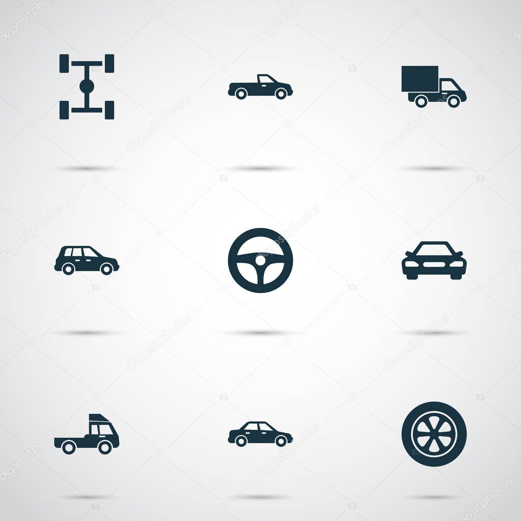 Auto Icons Set. Collection Of Van, Lorry, Car And Other Elements. Also Includes Symbols Such As Crossover, Truck, Auto.
