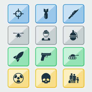 Savaş Icons Set. Bomba, roket, kesici ve diğer öğeleri koleksiyonu. Ayrıca biyo, keskin nişancı, tehlike gibi simgeler içerir.
