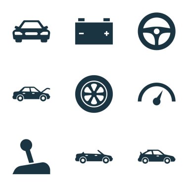 Otomobil Icons Set. Otomatik, Chronometre, sürücü kumanda ve diğer öğeleri koleksiyonu. Ayrıca spor, kolu, lastik gibi simgeler içerir.
