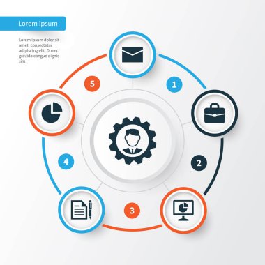 İş Icons Set. Sözleşme, lider, pasta Bar ve diğer öğeleri koleksiyonu. Ayrıca lider, monitör, kalem gibi simgeler içerir.