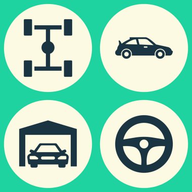 Araba Icons Set. Crossover, Dingil mesafesi, sürücü kumanda ve diğer öğeleri koleksiyonu. Dingil mesafesi, direksiyon, spor gibi semboller de içerir.
