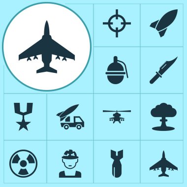 Icons Set mücadele. Helikopter, roket, bomba ve diğer öğeleri koleksiyonu. Ayrıca patlama, el bombası, tehlike gibi simgeler içerir.