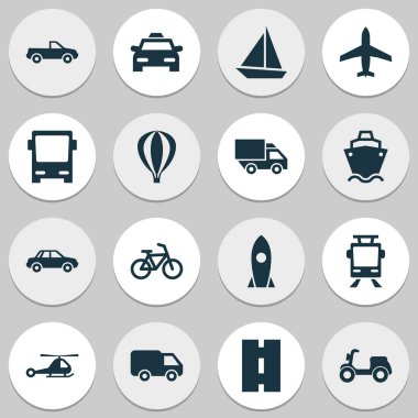 Ulaşım Icons Set. Otobüs, kamyon, uçak ve diğer öğeleri koleksiyonu. Ayrıca tramvay, yat, yol gibi simgeler içerir.