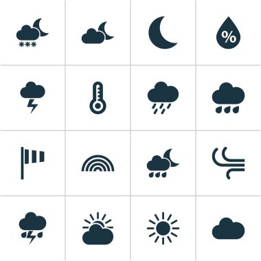 Hava Icons Set. Bayrak, gece, sıcaklık ve diğer öğeleri koleksiyonu. Ayrıca nefret, renkler, karlı gibi simgeler içerir.