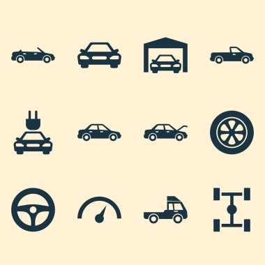 Otomobil Icons Set. Auto, otomobil, tekerlek ve diğer öğeleri koleksiyonu. Ayrıca kontrol, kamyon, hız göstergesi gibi simgeler içerir.