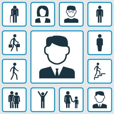 İnsan Icons Set. Teslimat kişi, büyükbaba, Sevgililer öğeleri koleksiyonu. Ayrıca sevindirici, eski, büyükbaba gibi simgeler içerir.