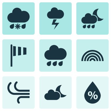 Doğa Icons Set. Yağmurlu topluluğu, renkler, her gece ve diğer öğeleri. Ayrıca, ay ışığı, renkleri, Flash gibi simgeler içerir.