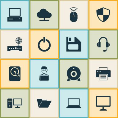 Dizüstü bilgisayar simgeler kümesi. Yönlendirici, Hdd, baskı makinesi ve diğer öğeleri koleksiyonu. Ayrıca disket, Disk, dosya gibi simgeler içerir.