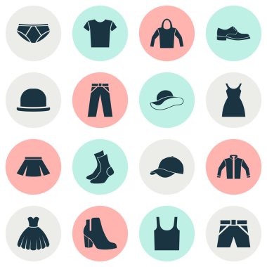 Giysi simgeler kümesi. Elegance, elbise, Casual ve diğer öğeleri koleksiyonu. Ayrıca botlar, etek, külot gibi simgeler içerir.