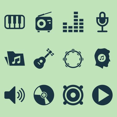 Müzik simgeler kümesi. Cd, megafon, Mike ve diğer öğeleri koleksiyonu. Ayrıca klavye, Timbrel, Fm gibi simgeler içerir.