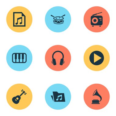 Müzik simgeler kümesi. Octave, kulaklık, varil ve diğer öğeleri koleksiyonu. Ayrıca dosya, klavye, oktav gibi simgeler içerir.