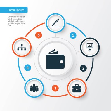 İş Icons Set. Kalem, hiyerarşi, faturaları ve diğer öğeleri koleksiyonu. Ayrıca yapısı, el çantası, birlik gibi simgeler içerir.