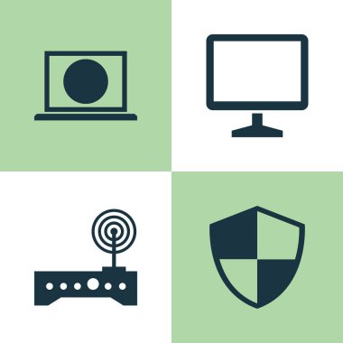 Dizüstü bilgisayar simgeler kümesi. Masaüstü, savunma, Web ve diğer öğeleri koleksiyonu. Ayrıca Modem, masaüstü, koruma gibi simgeler içerir.