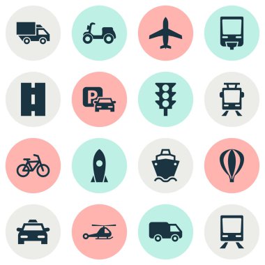 Taşıma simgeler kümesi. Koleksiyon bir şekilde, Zeplin, Tanker ve diğer öğeleri. Ayrıca Van, Bisiklet, uçuş gibi simgeler içerir.