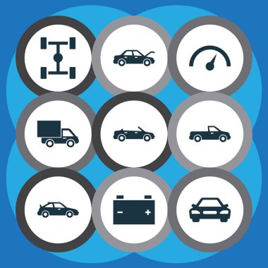 Araba Icons Set. Akümülatör, Cabrio modeli, taşıma ve diğer öğeleri koleksiyonu. Ayrıca otomatik, pil, taşıma gibi simgeler içerir.