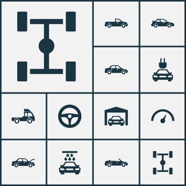 Otomatik Icons Set. Sabitleme, Crossover, Van ve diğer öğeleri koleksiyonu. Ayrıca pikap, tekerlek, kamyon gibi simgeler içerir.