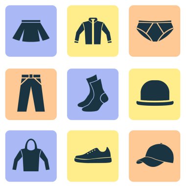 Icons Set elbise. Özetleri, pantolon, kazak ve diğer öğeleri koleksiyonu. Ayrıca çorap, ceket, Hoodie gibi simgeler içerir.