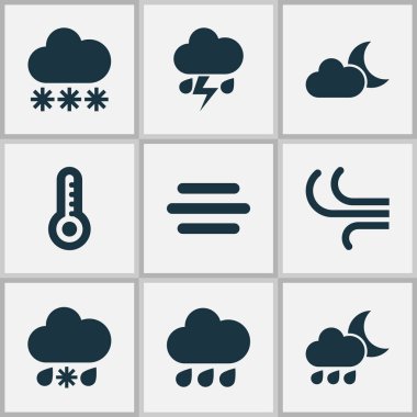 Meteoroloji Icons Set. Islak, esinti, pus ve diğer öğeleri koleksiyonu. Soğuk, damla, Flash gibi semboller de içerir.