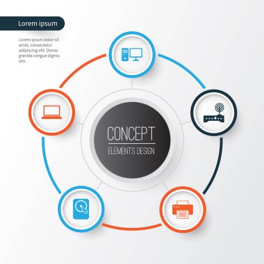 Dizüstü bilgisayar simgeler kümesi. Dizüstü bilgisayar, baskı makinesi, yönlendirici ve diğer öğeleri koleksiyonu. Ayrıca Modem, Hdd, sabit gibi simgeler içerir.