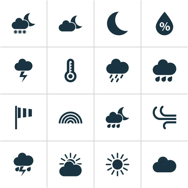 天気のアイコンを設定します。フラグ、夜、温度、その他の要素のコレクションです。嫌い、色、雪などの記号が含まれています. — ストックベクタ