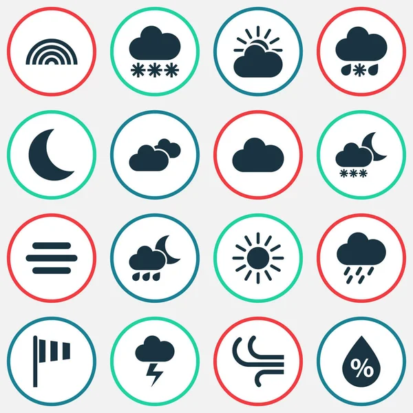 Climate Icons Set. Collection Of Nightly, Moisture, Snowy And Other Elements. Also Includes Symbols Such As Breeze, Rainy, Cloudy. — Stock Vector