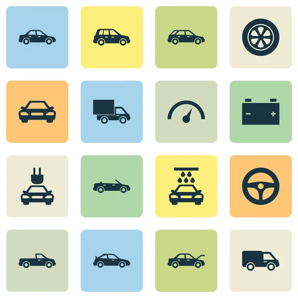 Auto Icons Set. Collectie van auto, vaststelling, Drive Control en andere elementen. Ook symbolen zoals Cabriolet, vervoer, stuurinrichting. — Stockvector