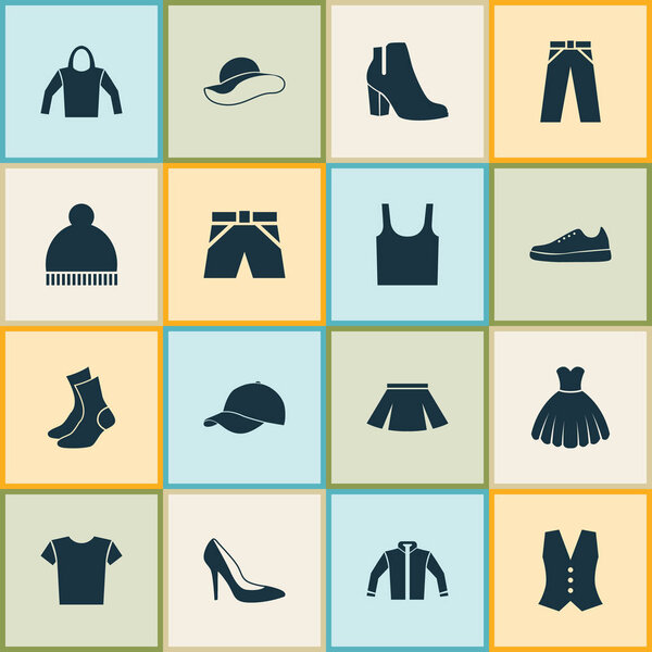 Dress Icons Set. Collection Of Singlet, Stylish Apparel, Sweatshirt And Other Elements. Also Includes Symbols Such As Garment, Female, Trousers.