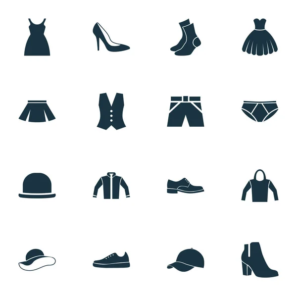 Set de iconos de vestir. Colección de Cárdigan, Zapatos de Invierno Femenino, Panamá y Otros Elementos. También incluye símbolos como tela, ropa, falda . — Archivo Imágenes Vectoriales