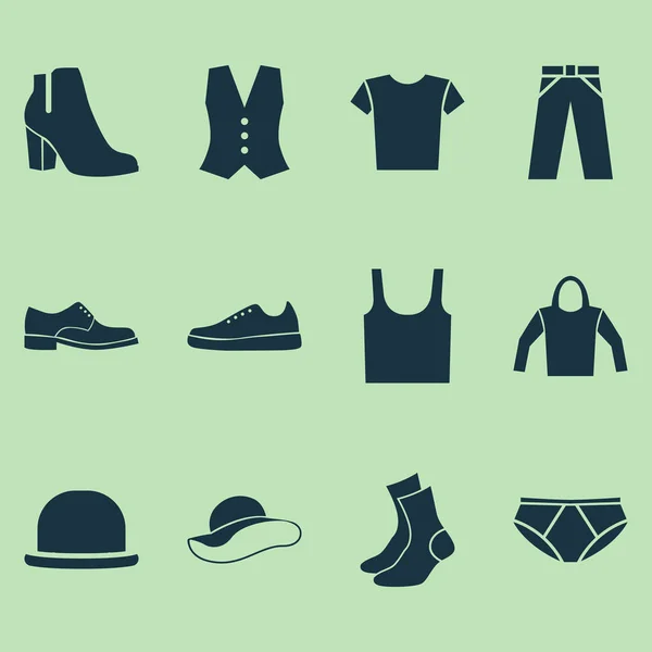 Klä ikoner Set. Samling av kalsonger, linne, Sneakers och andra element. Innehåller också symboler som tröja, skjorta, kalsonger. — Stock vektor