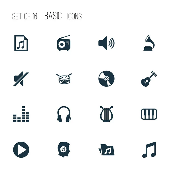 Multimedia ikoner Set. Samling av Cd, Lyra, Octave och andra element. Innehåller också symboler såsom Phonograph, dokumentation, knappen. — Stock vektor