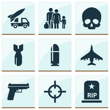 Savaş Icons Set. Hedef, kaçak, kafatası ve diğer öğeleri koleksiyonu. Ayrıca silah, kafatası, Bombacı gibi simgeler içerir.