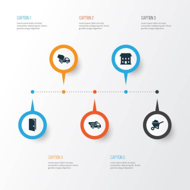 Simgeler binada. Giriş, taşıma arabası, çimento araç ve diğer öğeleri koleksiyonu. Ayrıca Barrow, damperli kamyon, mikser gibi simgeler içerir.