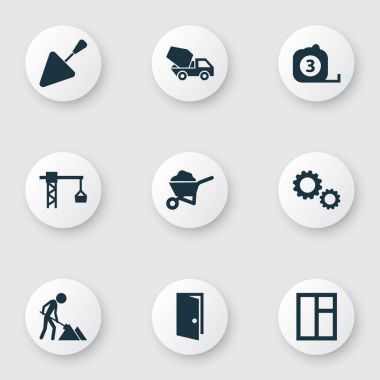 Sanayi Icons Set. Giriş, taşıma arabası, kaldırma kanca ve diğer öğeleri koleksiyonu. Ayrıca çerçeve, pencere, giriş gibi simgeler içerir.