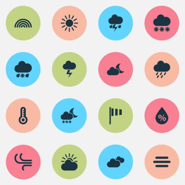 Hava Icons Set. Yıldırım, topluluğu güneş-bulut, pislik ve diğer öğeleri. Ayrıca Hilal, sıcaklık, ışık gibi simgeler içerir.