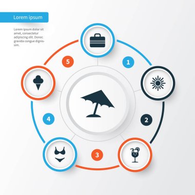 Sıcak Icons Set. Vitamin, güneşli, Bagaj ve diğer öğeleri koleksiyonu. Ayrıca şemsiye, şemsiye, güneş gibi simgeler içerir.