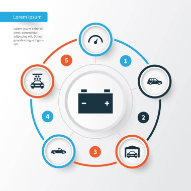 Otomobil Icons Set. Akümülatör, Araba, kronometre ve diğer öğeleri koleksiyonu. Ayrıca araba, Oto, su gibi simgeler içerir.