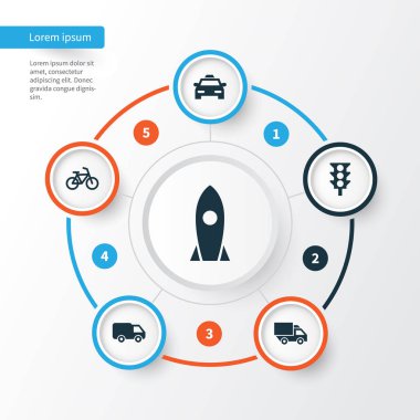 Taşıma simgeler kümesi. Trafik ışığı, Bisiklet, Van ve diğer öğeleri koleksiyonu. Ayrıca taksi, uzay gemisi, kamyon gibi simgeler içerir.