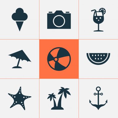 Güneş Icons Set. Boncuk, tatlılar, ağaçlar ve diğer öğeleri koleksiyonu. Ayrıca Video, Vitamin, plaj gibi simgeler içerir.