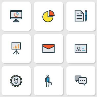 İş renkli anahat simgelerini belirlemek. Yönetici, işçi, konuşma ve diğer öğeleri koleksiyonu. Ayrıca mesaj, zarf, yönetici gibi simgeler içerir.