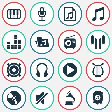 Multimedya simgeler kümesi. Kulaklık, lir, Meloman ve diğer öğeleri koleksiyonu. Ayrıca antika, fonograf, dosyası gibi simgeler içerir.