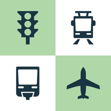 Taşıma simgeler kümesi. Demiryolu, trafik ışığı, uçak ve diğer öğeleri koleksiyonu. Ayrıca ışık, demiryolu, uçak gibi simgeler içerir.