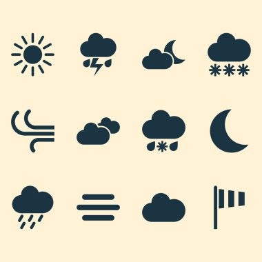 Hava Icons Set. Hava bulutlu topluluğu, bayrak ve diğer öğeleri. Ayrıca bulut, karlı, Vane gibi simgeler içerir.
