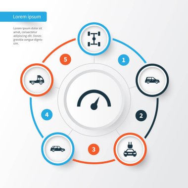 Otomobil Icons Set. Tak, Hatchback, araba ve diğer öğeleri koleksiyonu. Ayrıca hız, tak, Chronometre gibi simgeler içerir.