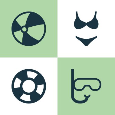Sezon Icons Set. Sandal, tüp, Bikini ve diğer öğeleri koleksiyonu. Ayrıca Lifebuoy, maske, sandal gibi simgeler içerir.