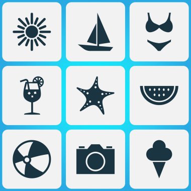 Sezon Icons Set. Video, tatlılar, kavun ve diğer öğeleri koleksiyonu. Ayrıca fotoğraf, tekne, kamera gibi simgeler içerir.